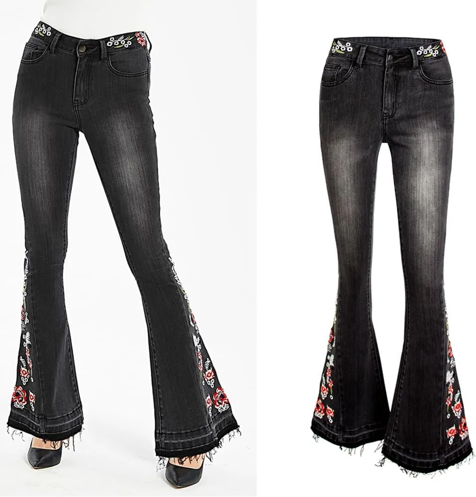 Women's Wide-Leg Denim Pants with a Stylish Floral Embroidered Bell Bottom Flare Jeans