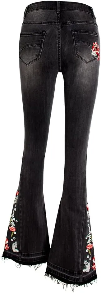 Women's Wide-Leg Denim Pants with a Stylish Floral Embroidered Bell Bottom Flare Jeans